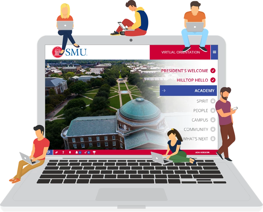 computer screen showing universal orientation with illustrated students around it