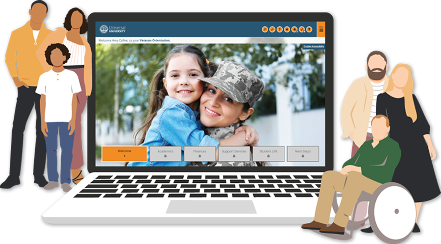 computer screen showing universal orientation with illustrated students around it