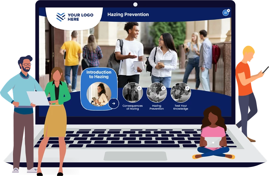 computer screen showing universal orientation with illustrated students around it